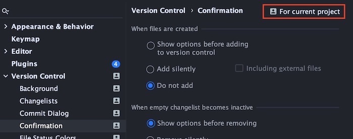 Screenshot of the PhpStorm project settings for version control