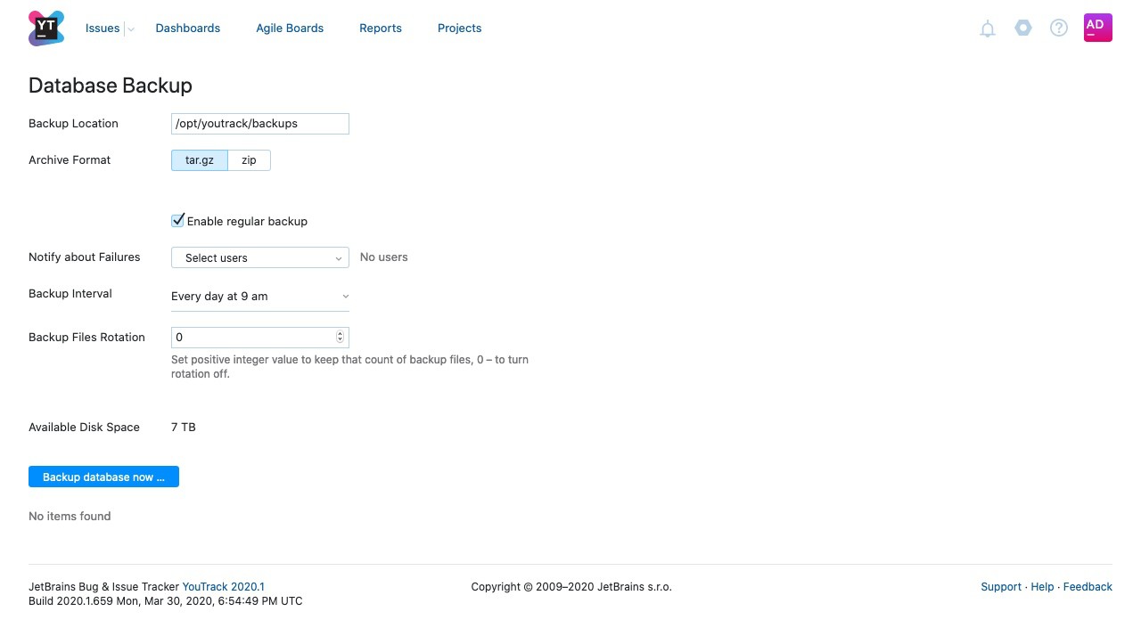 YouTrack database backups configuration